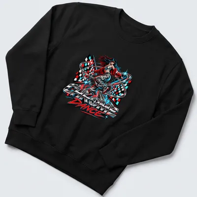 Retro pop art dancer design with bold Chrome Dance lettering in vibrant colors — printed on a unisex sweatshirt