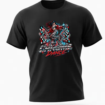 Retro pop art dancer design with bold Chrome Dance lettering in vibrant colors