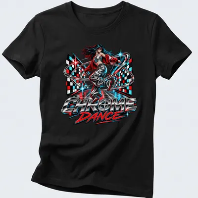 Retro pop art dancer design with bold Chrome Dance lettering in vibrant colors — printed on a women's shirt