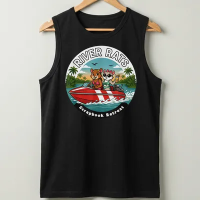 Colorful cartoon of two animals in a speedboat with scrapbook text — printed on a tank top