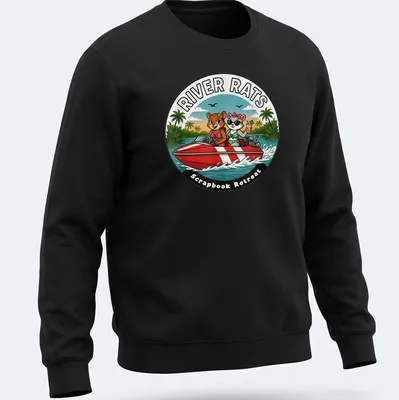 Colorful cartoon of two animals in a speedboat with scrapbook text — printed on a unisex sweatshirt