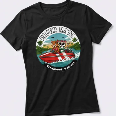 Colorful cartoon of two animals in a speedboat with scrapbook text — printed on a women's shirt