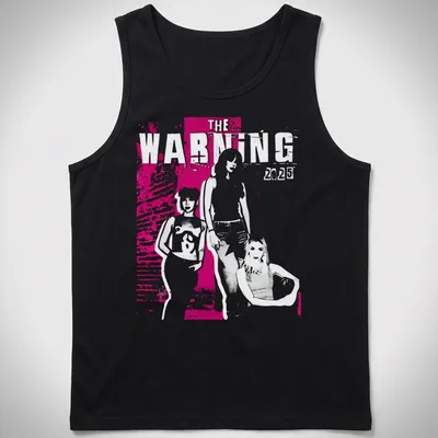 Graphic illustration t-shirt featuring The Warning 2025 text in pink, white, and black — printed on a tank top