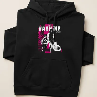 Graphic illustration t-shirt featuring The Warning 2025 text in pink, white, and black — printed on a unisex hoodie