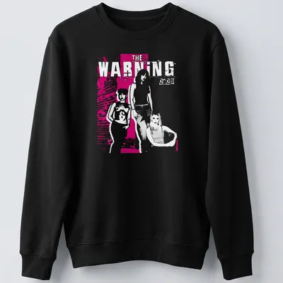 Graphic illustration t-shirt featuring The Warning 2025 text in pink, white, and black — printed on a unisex sweatshirt