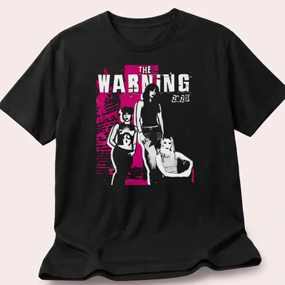 Graphic illustration t-shirt featuring The Warning 2025 text in pink, white, and black