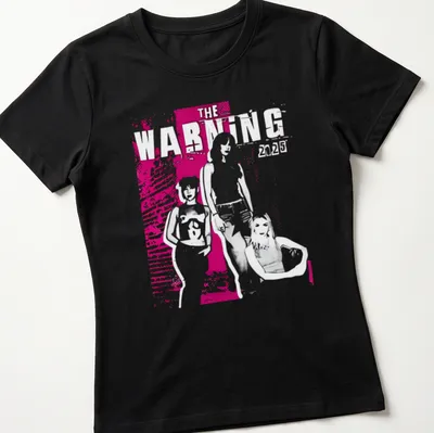 Graphic illustration t-shirt featuring The Warning 2025 text in pink, white, and black — printed on a women's shirt
