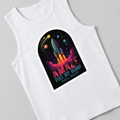 Vibrant cosmic print featuring a rocket and bold text — printed on a tank top