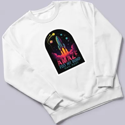 Vibrant cosmic print featuring a rocket and bold text — printed on a unisex sweatshirt