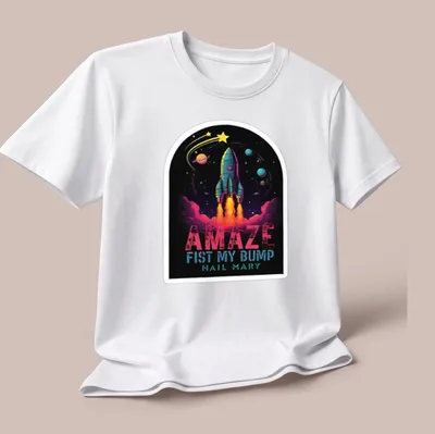 Vibrant cosmic print featuring a rocket and bold text — printed on a unisex t-shirt (angled view)