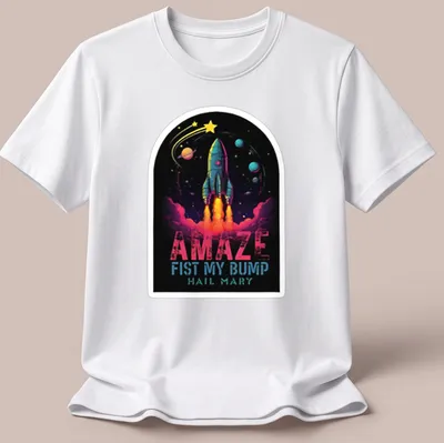 Vibrant cosmic print featuring a rocket and bold text