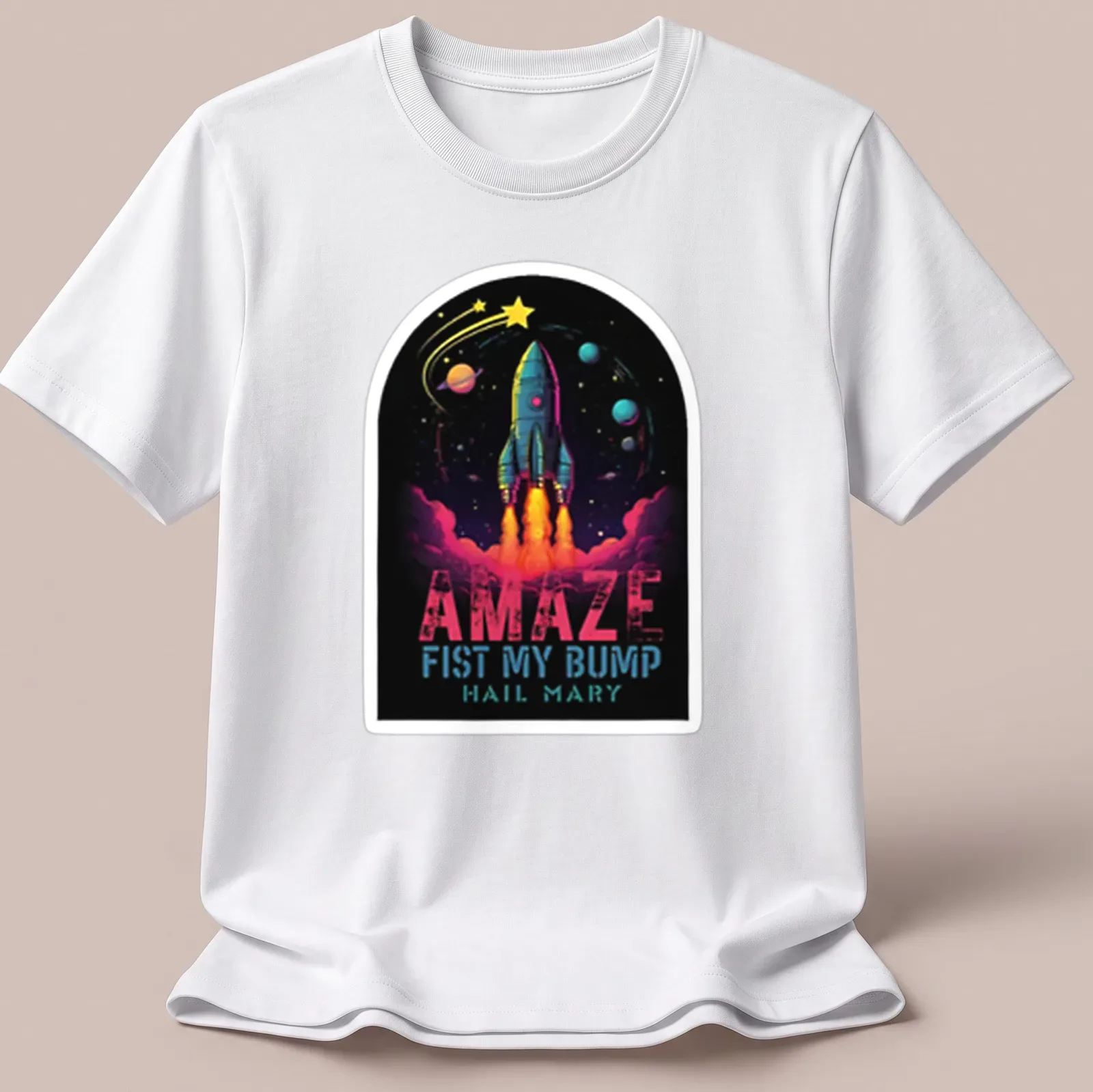 Vibrant cosmic print featuring a rocket and bold text — printed on a unisex t-shirt
