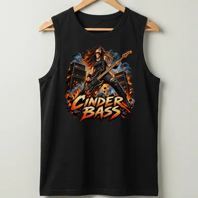 Illustration of a bass player with the text CINDER BASS in bold above. — printed on a tank top