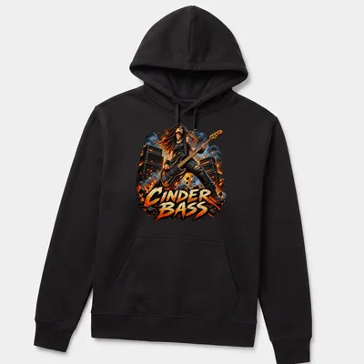 Illustration of a bass player with the text CINDER BASS in bold above. — printed on a unisex hoodie