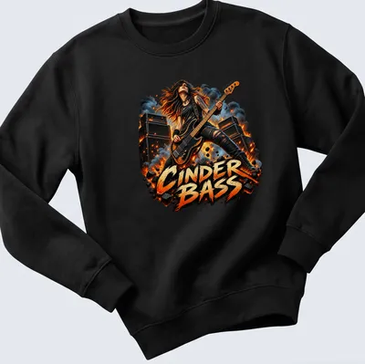 Illustration of a bass player with the text CINDER BASS in bold above. — printed on a unisex sweatshirt