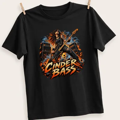 Illustration of a bass player with the text CINDER BASS in bold above.