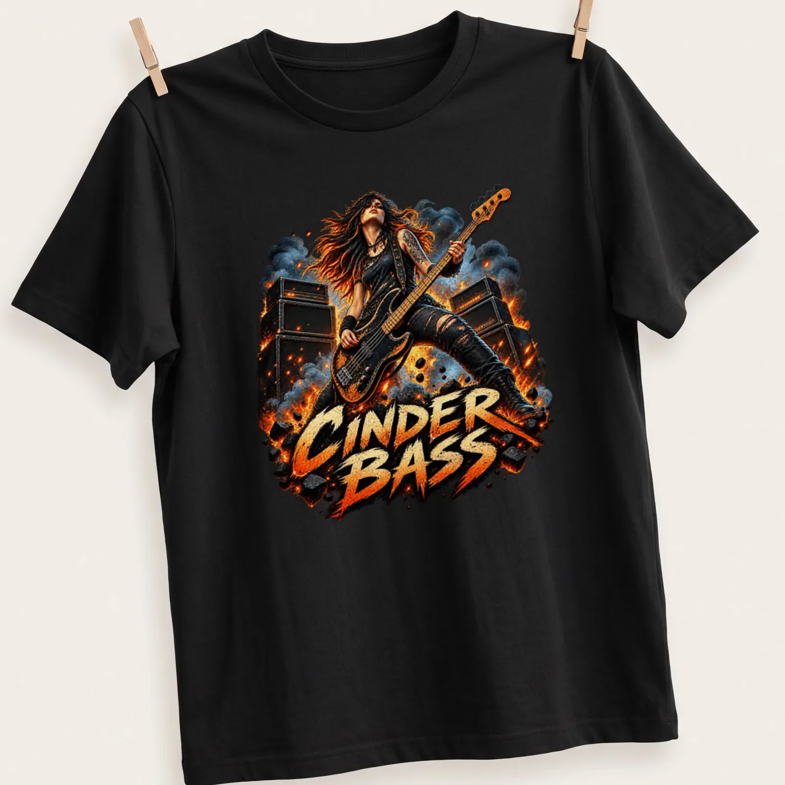 Illustration of a bass player with the text CINDER BASS in bold above. — printed on a unisex t-shirt