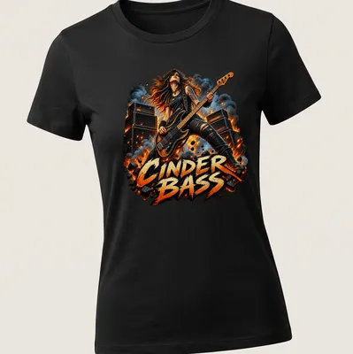 Illustration of a bass player with the text CINDER BASS in bold above. — printed on a women's shirt