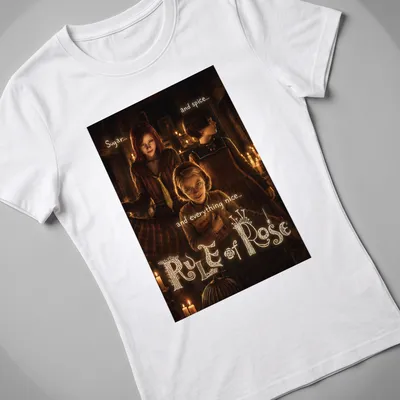 Dark atmospheric t-shirt featuring Rule of Rose characters with whimsical text. — printed on a women's shirt