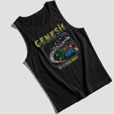 Colorful illustration of a running figure with Genesis concert text — printed on a tank top