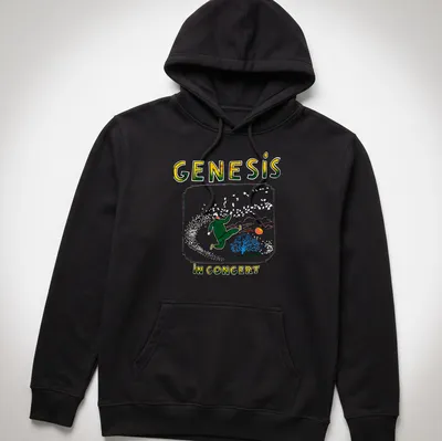 Colorful illustration of a running figure with Genesis concert text — printed on a unisex hoodie