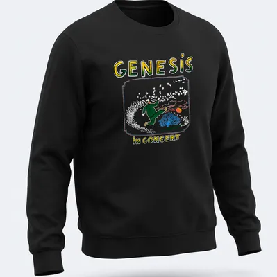 Colorful illustration of a running figure with Genesis concert text — printed on a unisex sweatshirt