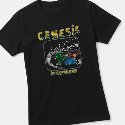 Colorful illustration of a running figure with Genesis concert text — printed on a women's shirt