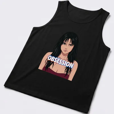 Anime-style illustration of a sad woman with long hair and the word 'OBSESSION' in bold text — printed on a tank top