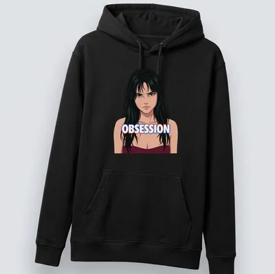 Anime-style illustration of a sad woman with long hair and the word 'OBSESSION' in bold text — printed on a unisex hoodie