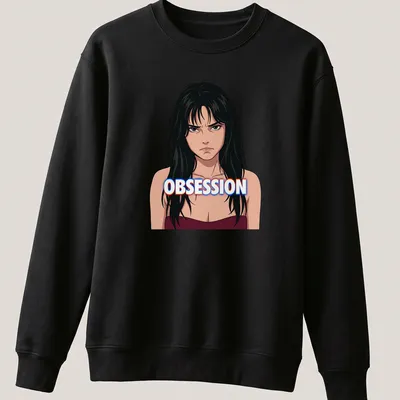 Anime-style illustration of a sad woman with long hair and the word 'OBSESSION' in bold text — printed on a unisex sweatshirt