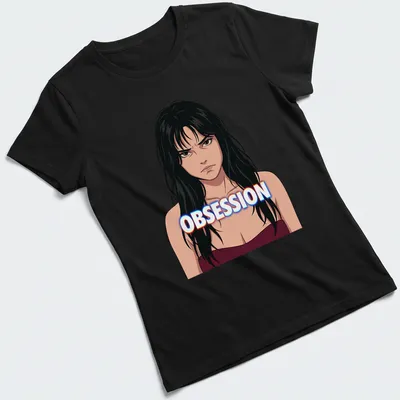 Anime-style illustration of a sad woman with long hair and the word 'OBSESSION' in bold text — printed on a women's shirt