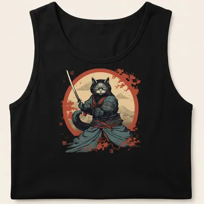 Illustration of a samurai cat in traditional attire, inspired by Japanese art — printed on a tank top