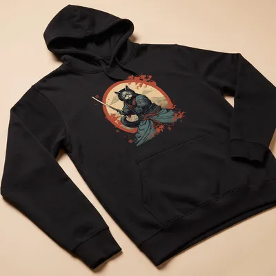 Illustration of a samurai cat in traditional attire, inspired by Japanese art — printed on a unisex hoodie