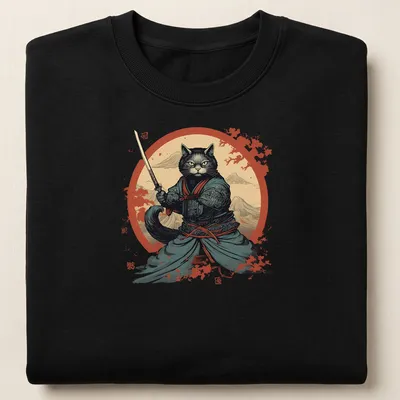 Illustration of a samurai cat in traditional attire, inspired by Japanese art — printed on a unisex sweatshirt