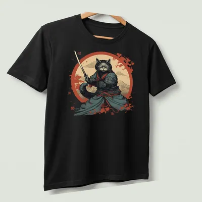 Illustration of a samurai cat in traditional attire, inspired by Japanese art — printed on a unisex t-shirt (angled view)