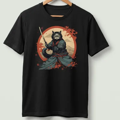 Illustration of a samurai cat in traditional attire, inspired by Japanese art