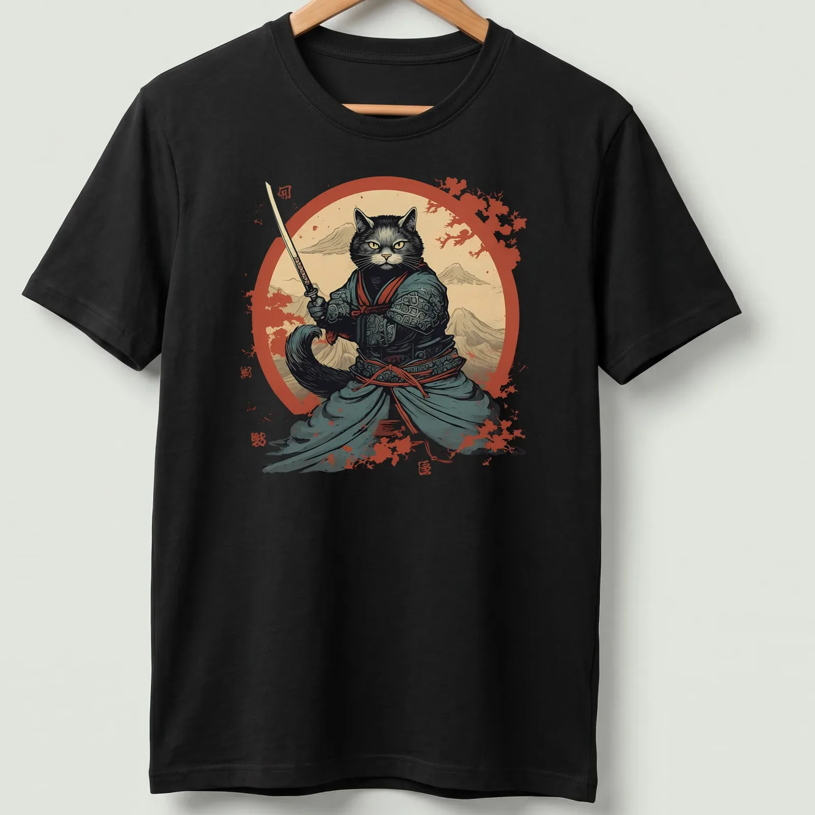 Illustration of a samurai cat in traditional attire, inspired by Japanese art — printed on a unisex t-shirt