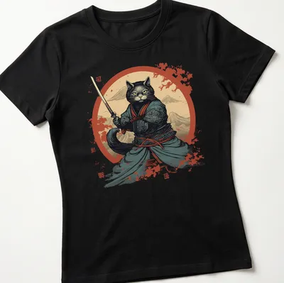 Illustration of a samurai cat in traditional attire, inspired by Japanese art — printed on a women's shirt