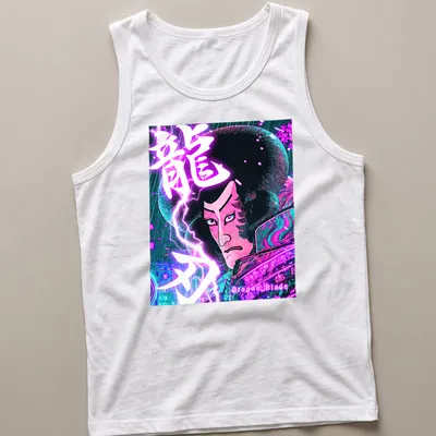 Illustration of a Samurai with a dragon in neon colors and Japanese lettering — printed on a tank top
