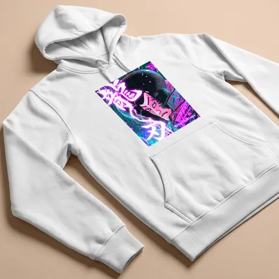 Illustration of a Samurai with a dragon in neon colors and Japanese lettering — printed on a unisex hoodie