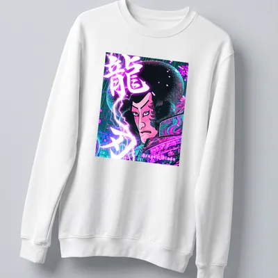 Illustration of a Samurai with a dragon in neon colors and Japanese lettering — printed on a unisex sweatshirt