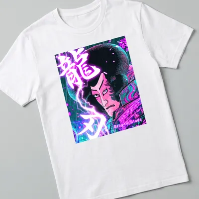 Illustration of a Samurai with a dragon in neon colors and Japanese lettering
