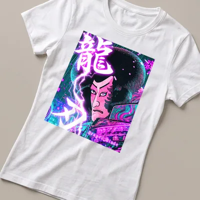 Illustration of a Samurai with a dragon in neon colors and Japanese lettering — printed on a women's shirt