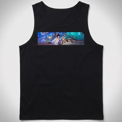 Anime-style illustration of Sandrone and Columbina characters in blue, white, black, red, and brown — printed on a tank top