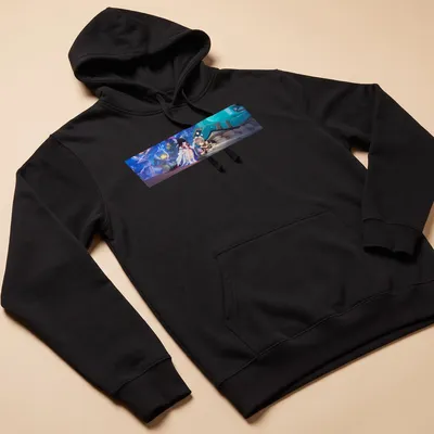 Anime-style illustration of Sandrone and Columbina characters in blue, white, black, red, and brown — printed on a unisex hoodie