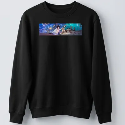 Anime-style illustration of Sandrone and Columbina characters in blue, white, black, red, and brown — printed on a unisex sweatshirt