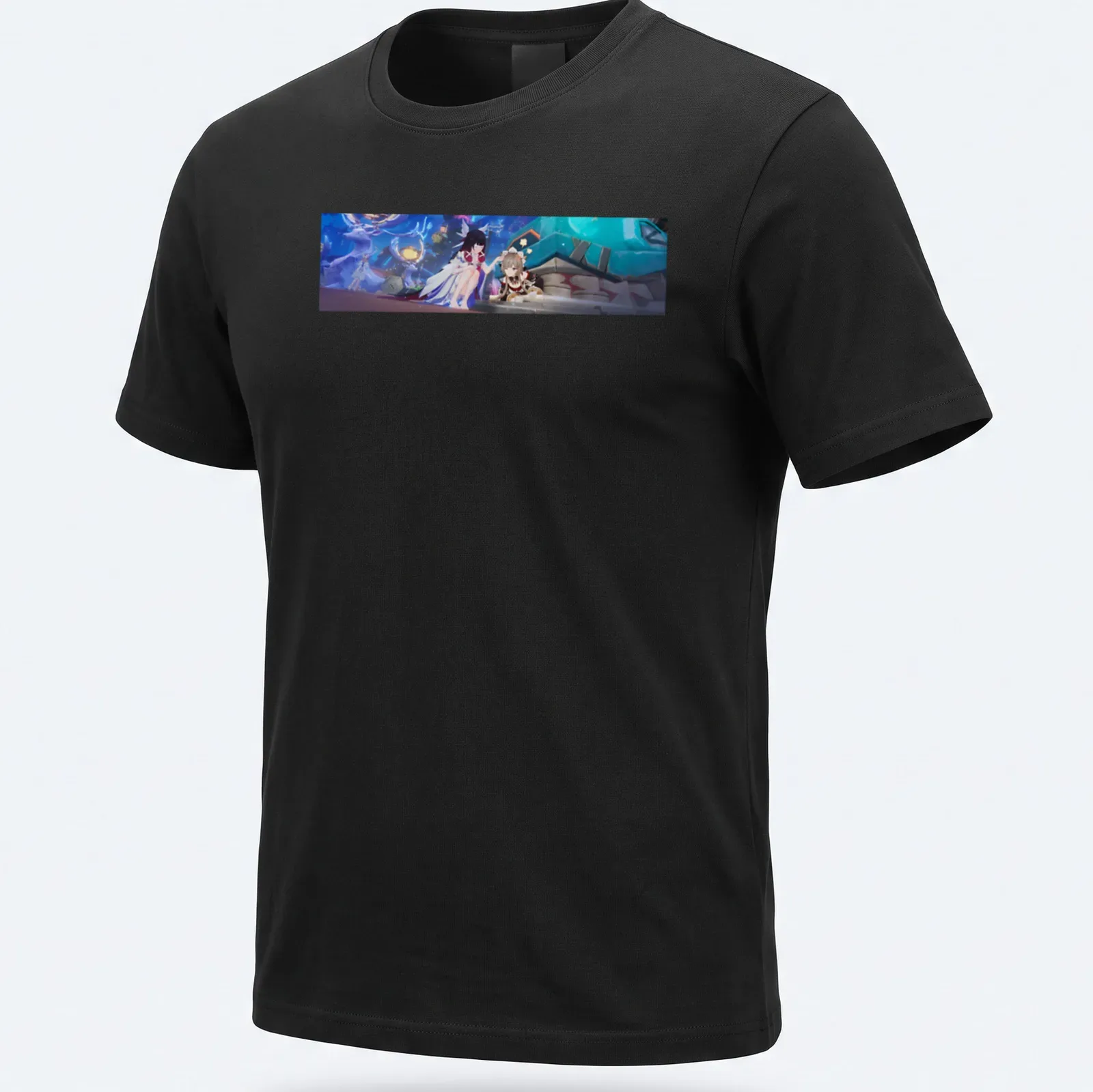 Anime-style illustration of Sandrone and Columbina characters in blue, white, black, red, and brown — printed on a unisex t-shirt
