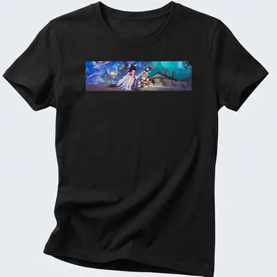 Anime-style illustration of Sandrone and Columbina characters in blue, white, black, red, and brown — printed on a women's shirt