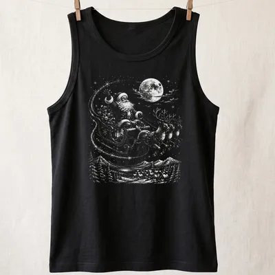 Vintage style Santa Claus with reindeer under a moonlit sky — printed on a tank top