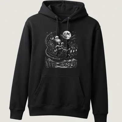 Vintage style Santa Claus with reindeer under a moonlit sky — printed on a unisex hoodie